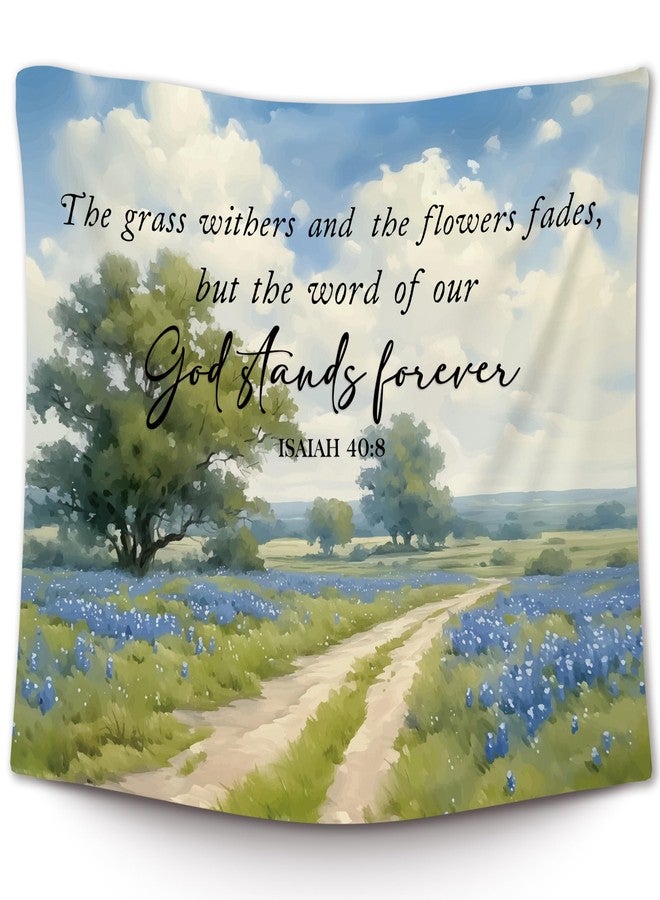 XLDLIOO Christian Wall Tapestry, Bible Verse Isaiah 40:8 Wall Tapestry Hanging for Bedroom, Farmhouse Blue Wildflower Religious Tapestries Decor Art for Home Living Room Church, 50x60in - Image 1
